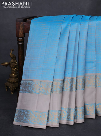 Sky Blue & Grey Pure Soft Silk - Checks