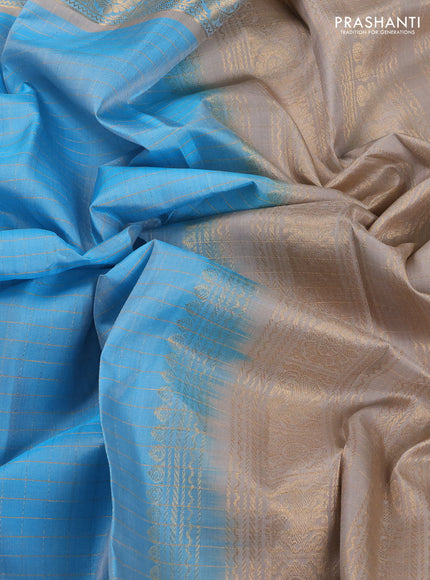 Sky Blue & Grey Pure Soft Silk - Checks