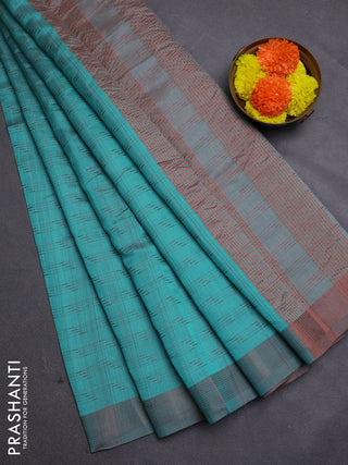 Teal Blue & Rust Semi Raw Silk Saree