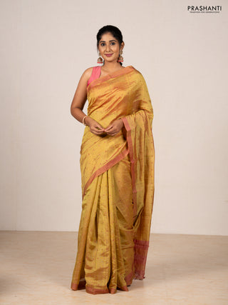 Lime Green & Pink Semi Raw Silk Saree