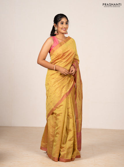 Lime Green & Pink Semi Raw Silk Saree