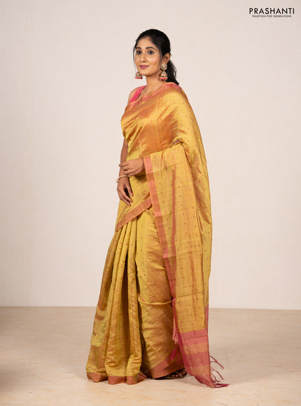 Lime Green & Pink Semi Raw Silk Saree
