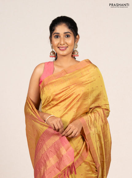Lime Green & Pink Semi Raw Silk Saree