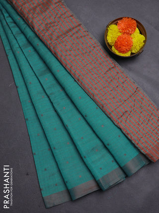 Teal Green & Rust Semi Raw Silk Saree