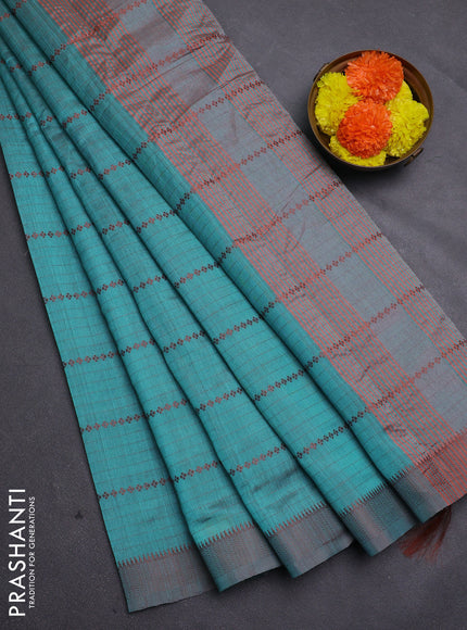 Teal Green & Brown Semi Raw Silk Saree