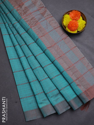 Teal Green & Brown Semi Raw Silk Saree