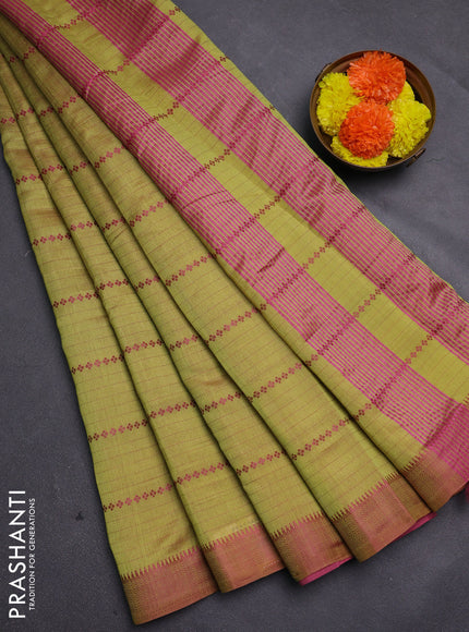 Lime Green & Pink Semi Raw Silk Saree