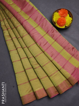 Lime Green & Pink Semi Raw Silk Saree