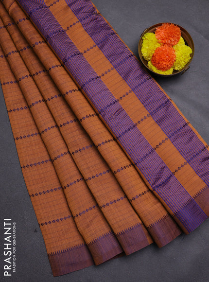 Rust & Blue Semi Raw Silk Saree