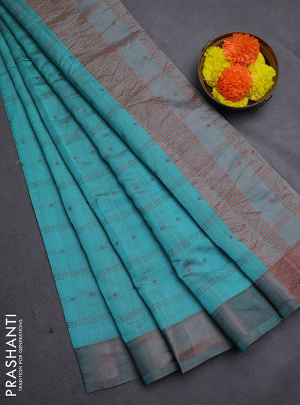 Teal Blue & Brown Semi Raw Silk Saree