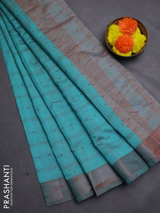 Teal Blue & Brown Semi Raw Silk Saree