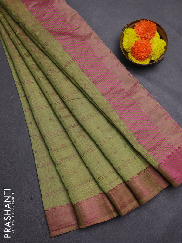 Mehendi Green & Pink Semi Raw Silk Saree