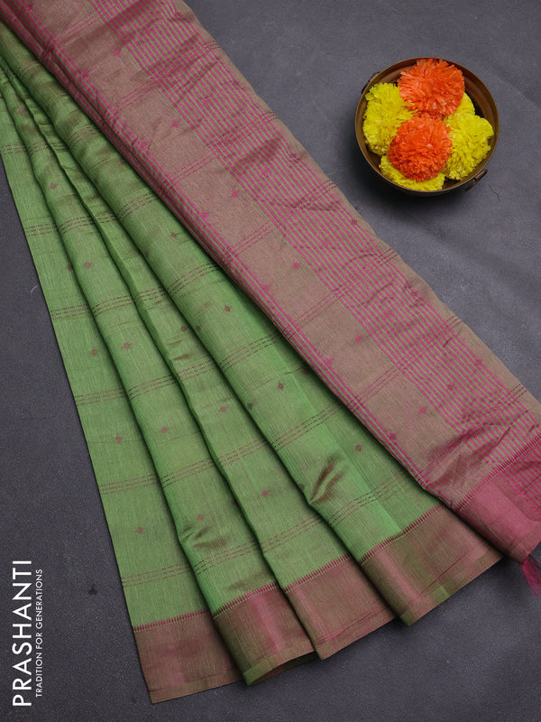 Green & Pink Semi Raw Silk Saree