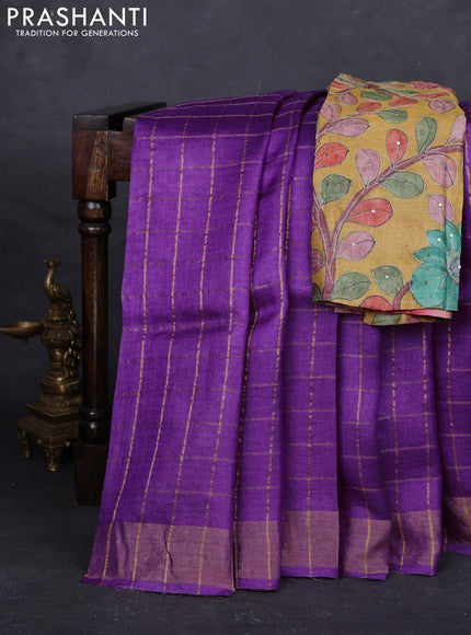 Purple & Mustard Yellow Pure Tussar Silk - Kalamkari Blouse
