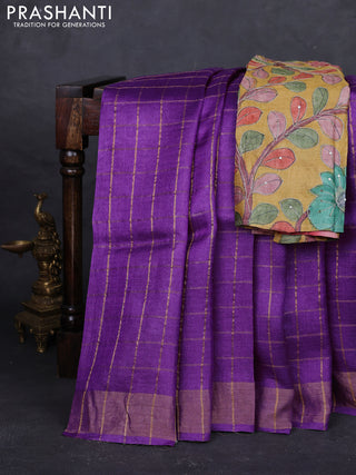 Purple & Mustard Yellow Pure Tussar Silk - Kalamkari Blouse