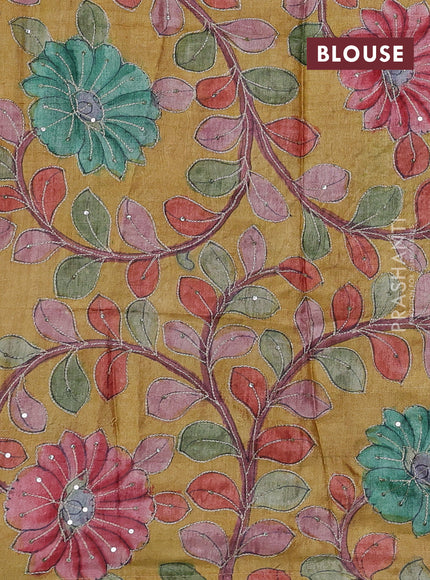 Purple & Mustard Yellow Pure Tussar Silk - Kalamkari Blouse