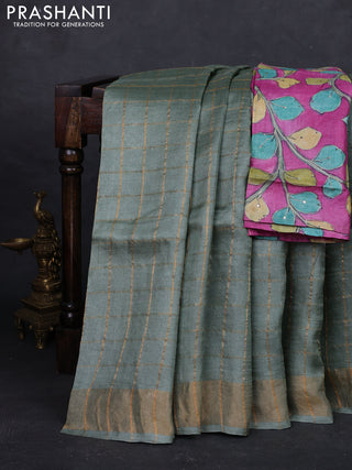 Pastel Green & Magenta Pink Pure Tussar Silk - Kalamkari Blouse