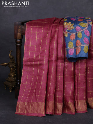 Maroon & Blue Pure Tussar Silk - Kalamkari Blouse