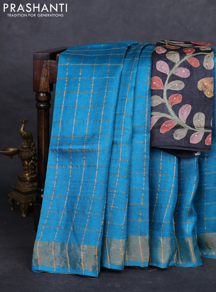 Cs Blue & Elephant Grey Pure Tussar Silk - Kalamkari Blouse