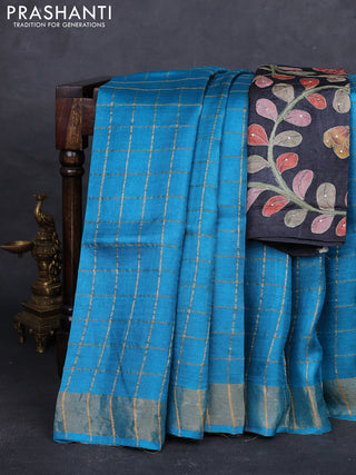 Cs Blue & Elephant Grey Pure Tussar Silk - Kalamkari Blouse