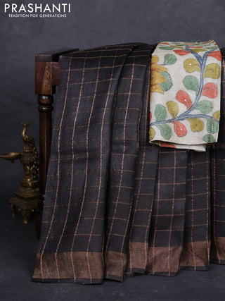 Coffee Brown & Beige Pure Tussar Silk - Kalamkari Blouse