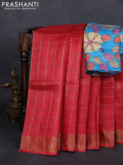 Red & Cs Blue Pure Tussar Silk - Kalamkari Blouse
