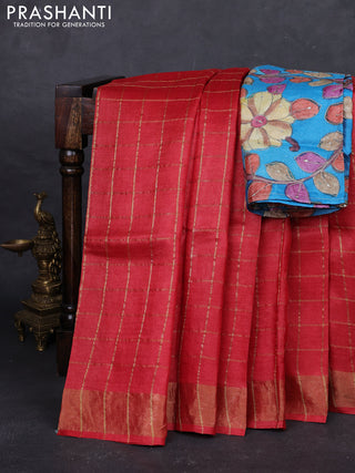 Red & Cs Blue Pure Tussar Silk - Kalamkari Blouse