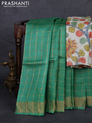 Green & Beige Pure Tussar Silk - Kalamkari Blouse