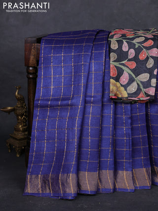 Blue & Black Pure Tussar Silk - Kalamkari Blouse