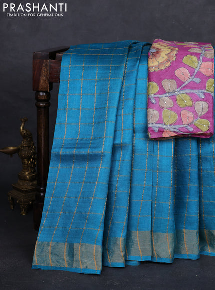 Teal Blue & Pink Pure Tussar Silk - Kalamkari Blouse