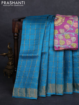 Teal Blue & Pink Pure Tussar Silk - Kalamkari Blouse