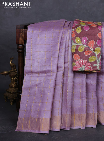 Lilac & Maroon Pure Tussar Silk - Kalamkari Blouse