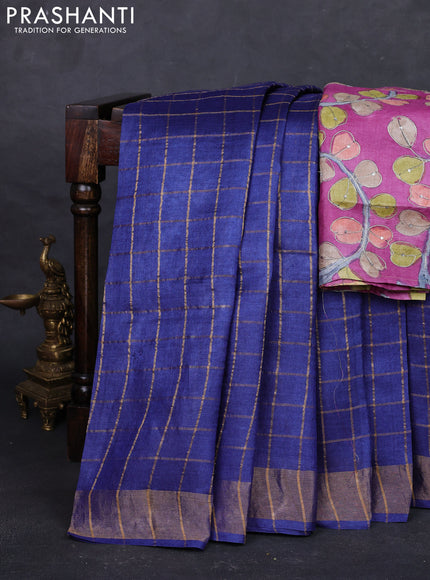 Blue & Purple Pure Tussar Silk - Kalamkari Blouse