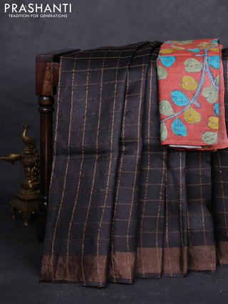 Coffee Brown & Rust Pure Tussar Silk - Kalamkari Blouse
