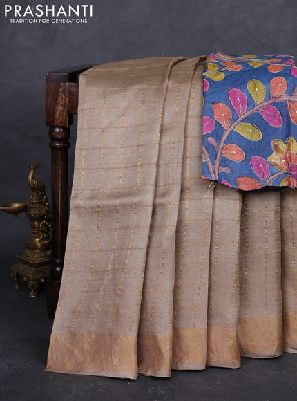 Beige & Blue Pure Tussar Silk - Kalamkari Blouse