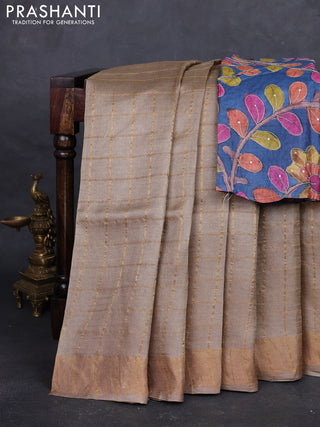 Beige & Blue Pure Tussar Silk - Kalamkari Blouse