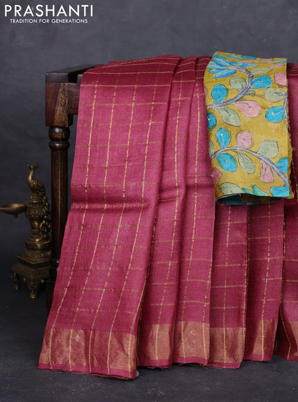 Maroon & Mustard Yellow Pure Tussar Silk - Kalamkari Blouse