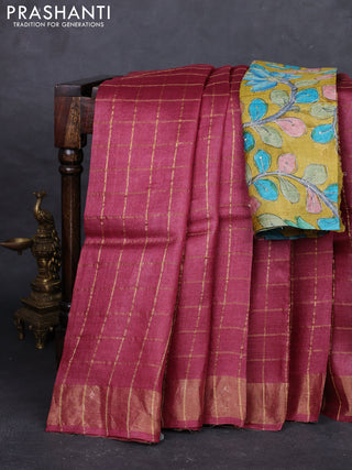 Maroon & Mustard Yellow Pure Tussar Silk - Kalamkari Blouse