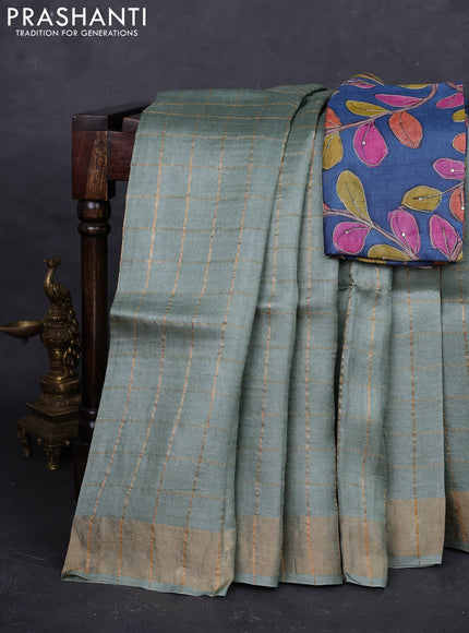 Pastel Green & Blue Pure Tussar Silk - Kalamkari Blouse