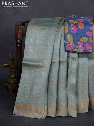Pastel Green & Blue Pure Tussar Silk - Kalamkari Blouse
