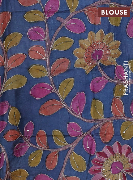 Pastel Green & Blue Pure Tussar Silk - Kalamkari Blouse