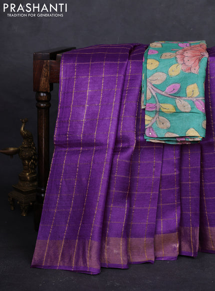 Purple & Green Pure Tussar Silk - Kalamkari Blouse
