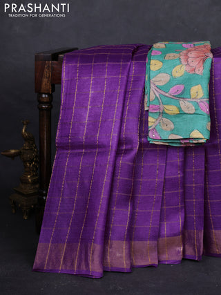 Purple & Green Pure Tussar Silk - Kalamkari Blouse