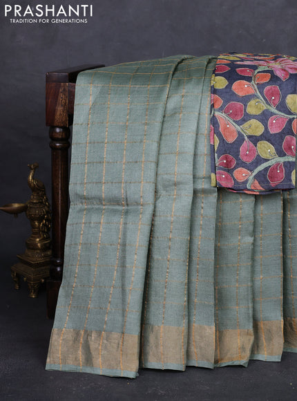 Pastel Green & Black Pure Tussar Silk - Kalamkari Blouse
