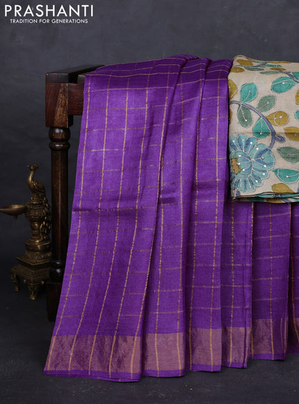 Purple & Beige Pure Tussar Silk - Kalamkari Blouse