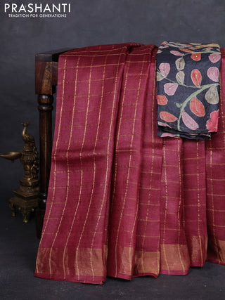 Maroon & Elephant Grey Pure Tussar Silk - Kalamkari Blouse