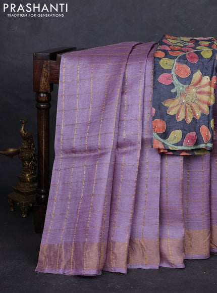 Lilac & Elephant Grey Pure Tussar Silk - Kalamkari Blouse