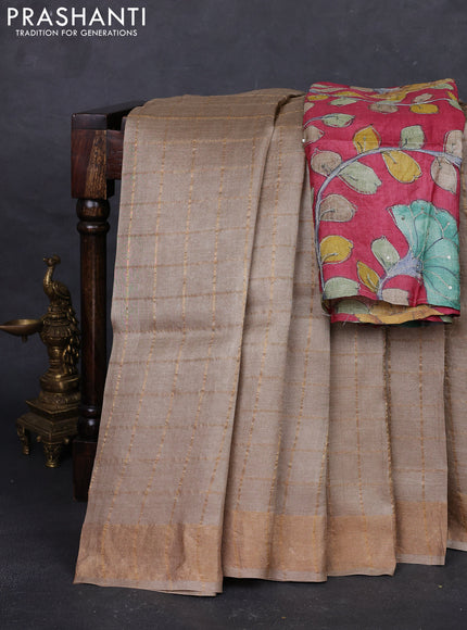 Beige & Maroon Pure Tussar Silk - Kalamkari Blouse