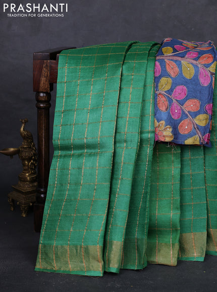 Green & Blue Pure Tussar Silk - Kalamkari Blouse