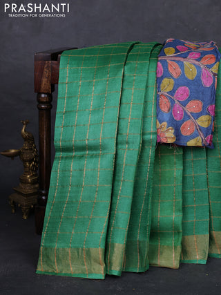 Green & Blue Pure Tussar Silk - Kalamkari Blouse